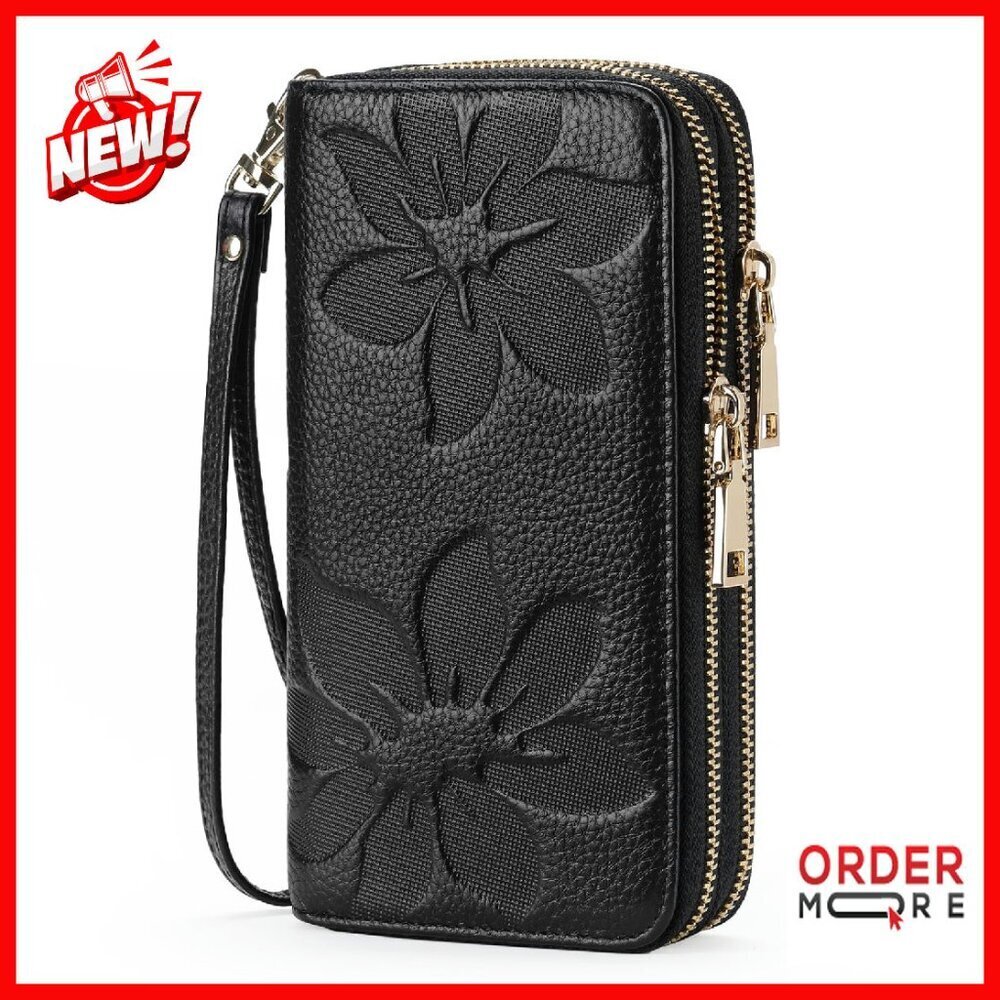 Large Capacity RFID Blocking Leather Wristlet Wallet with 16 Card Slots